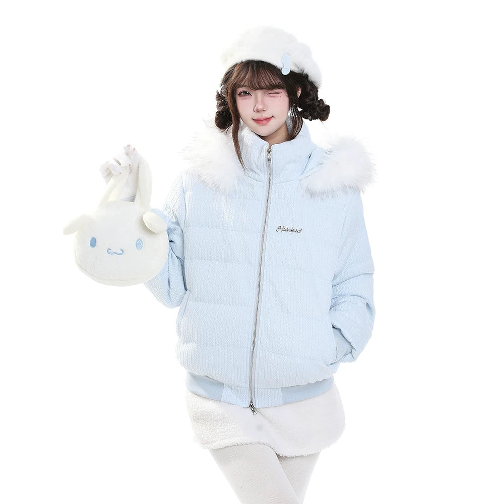 MJMTシリーズ｜ファーカラー ショート丈 中綿ジャケット コーデュロイ風 ブルー/ホワイト 冬 S/M/L