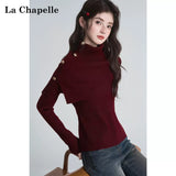 LaCシリーズ｜ケープ風 ボタン付き タートルネック ニット｜ゆったり 微伸縮 コーヒーブラウン・ブラック他 全4色 S〜L