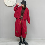 格林曼シリーズ｜中綿入り パンツセットアップ｜菱形キルティング ジャケット＋ワイドパンツ レッド 秋冬 フリー