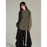 FG721シリーズ｜ダークグレー/グリーン スカーフ襟 ロングスリーブシャツ 日系レトロ ユニセックス M/L/XL