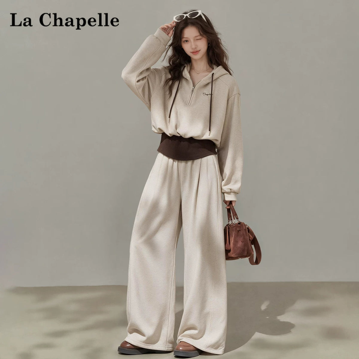 LaCシリーズ｜フード付き ハーフジップ スウェット＆ワイドパンツ セットアップ｜フェイクレイヤード ベージュ・ダークグレー S〜L