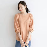 左品シリーズ｜コットン パフスリーブ 七分袖トップス｜ゆったり ラウンドヘム オレンジピンク他 全2色 M〜XL