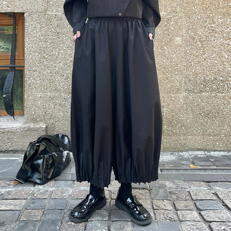 GUYIシリーズ｜裾ギャザー ワイドパンツ｜バルーンシルエット ゆったり 9分丈 ブラック フリーサイズ