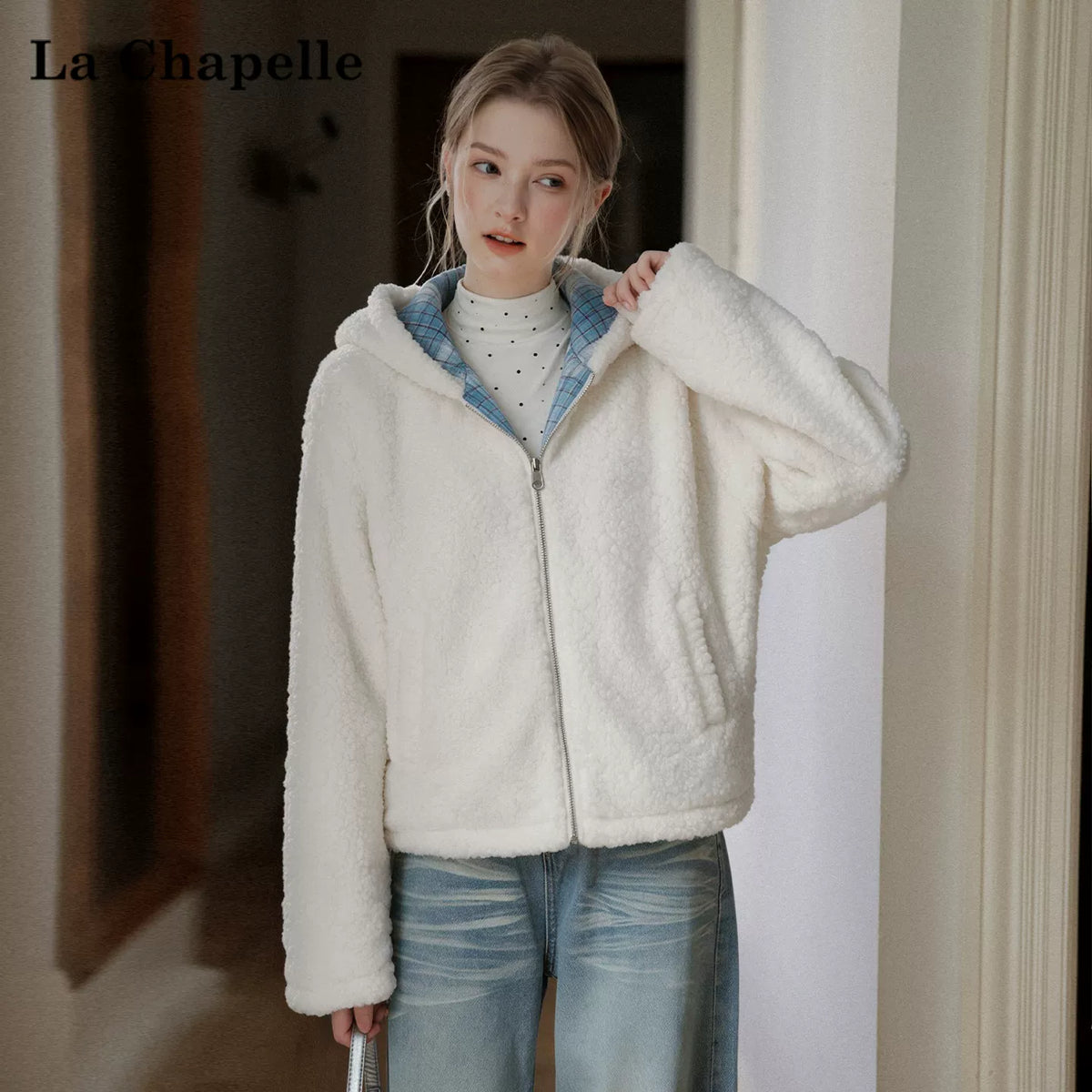 LaCシリーズ｜ボア調 フード付き ジップジャケット｜ブルーのチェック柄切り替え ゆったり 微伸縮 ホワイト S〜L