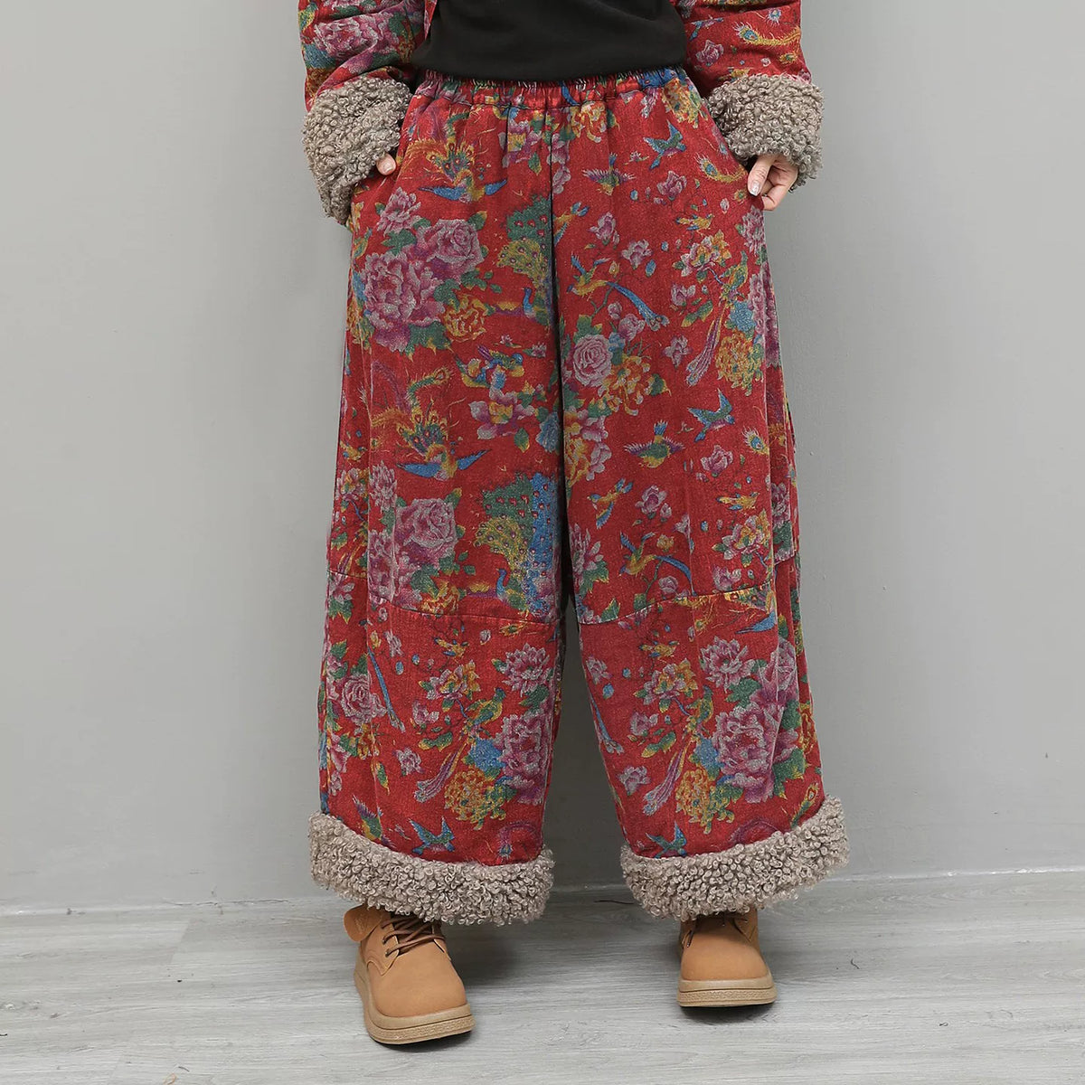 格林曼シリーズ｜花柄プリント 中綿入りストレートパンツ｜ボア調の裾 ウエストゴム ゆったり 冬 フリー