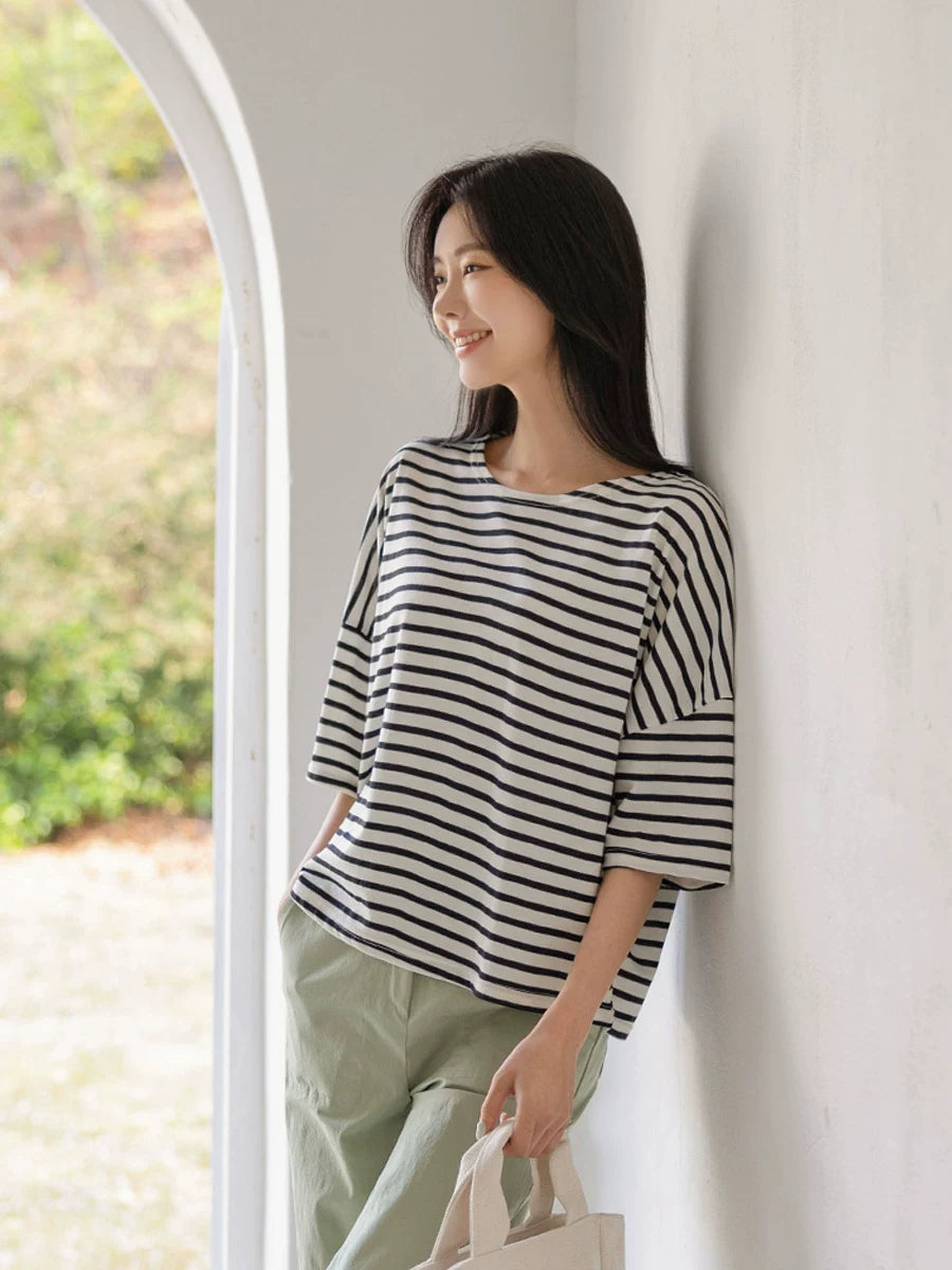 左品シリーズ｜コットン ボーダー半袖Tシャツ｜ドロップショルダー ゆったり ブラック×ホワイト M〜XL