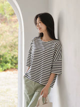 左品シリーズ｜コットン ボーダー半袖Tシャツ｜ドロップショルダー ゆったり ブラック×ホワイト M〜XL