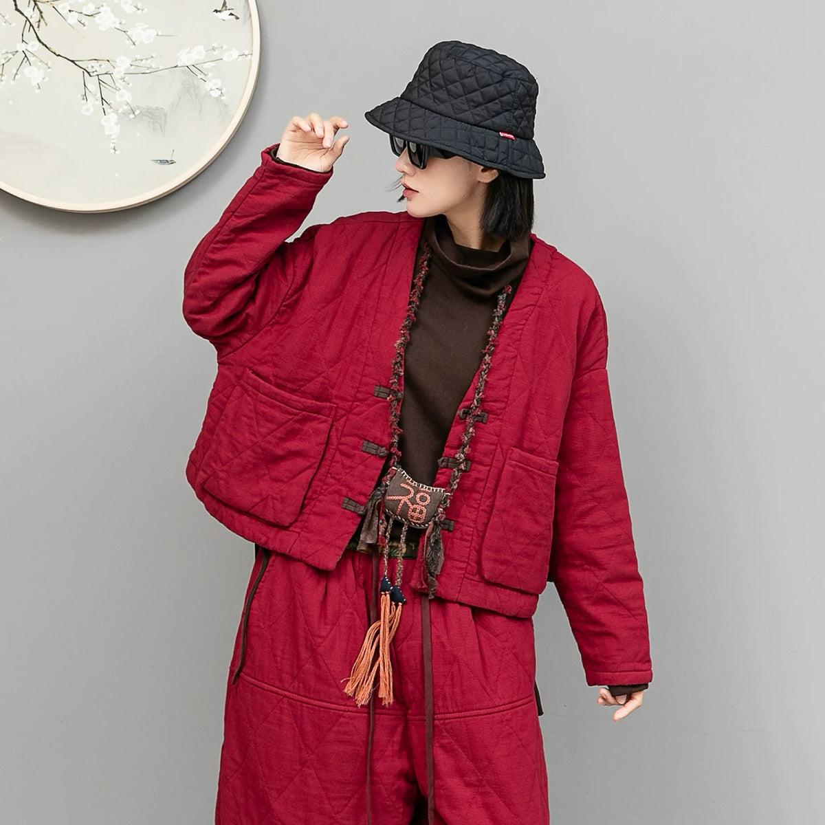 格林曼シリーズ｜中綿入り パンツセットアップ｜菱形キルティング ジャケット＋ワイドパンツ レッド 秋冬 フリー