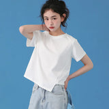 下集シリーズ｜アシンメトリーヘム 半袖Tシャツ｜短め丈 正肩 コットン ライトブルー/ホワイト/ブラック/ピンク/ベージュ S〜XL