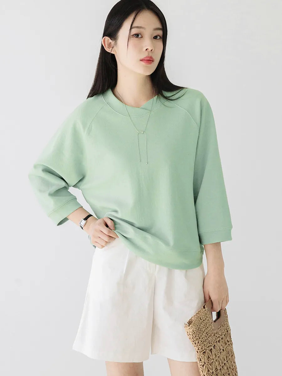 左品シリーズ｜コットン ラグラン七分袖Tシャツ｜ゆったり ミントグリーン他3色 M〜XL