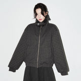 万有引力シリーズ｜チェック柄 立ち襟 中綿ジャケット｜ファー襟 ジップ ゆったり ダークグレー S〜XL