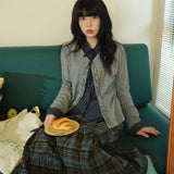 陽光蘿莎シリーズ｜重ね着風 ストライプ切り替え ニットカーディガン｜フリル グレー S〜XL