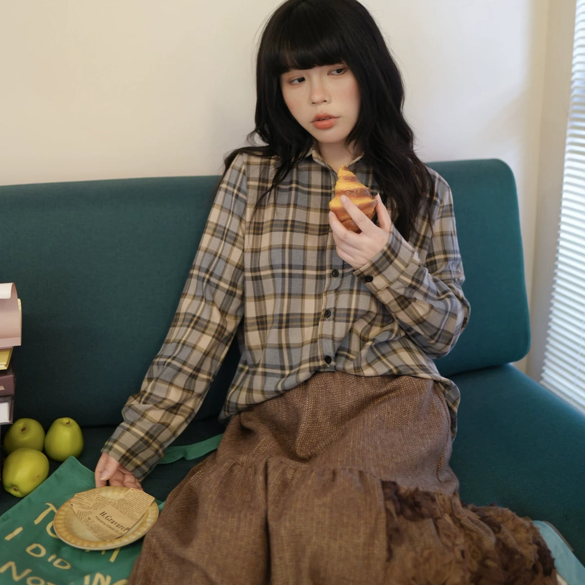 陽光蘿莎シリーズ｜チェック柄 長袖シャツ｜オーバーサイズ 起毛調 重ね着向き ブラウン S〜XL