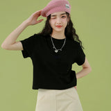 下集シリーズ｜ショート丈 半袖Tシャツ｜正肩 スリム リブ編み 無地 ブラック/ホワイト/ヘザーグレー/ベージュ S〜XL