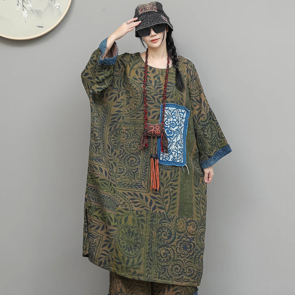 格林曼シリーズ｜グリーン 花柄プリント 綿麻 手刺繍貼り布 ロングチュニック＋ワイドパンツ セットアップ｜ゆったり 秋 フリー
