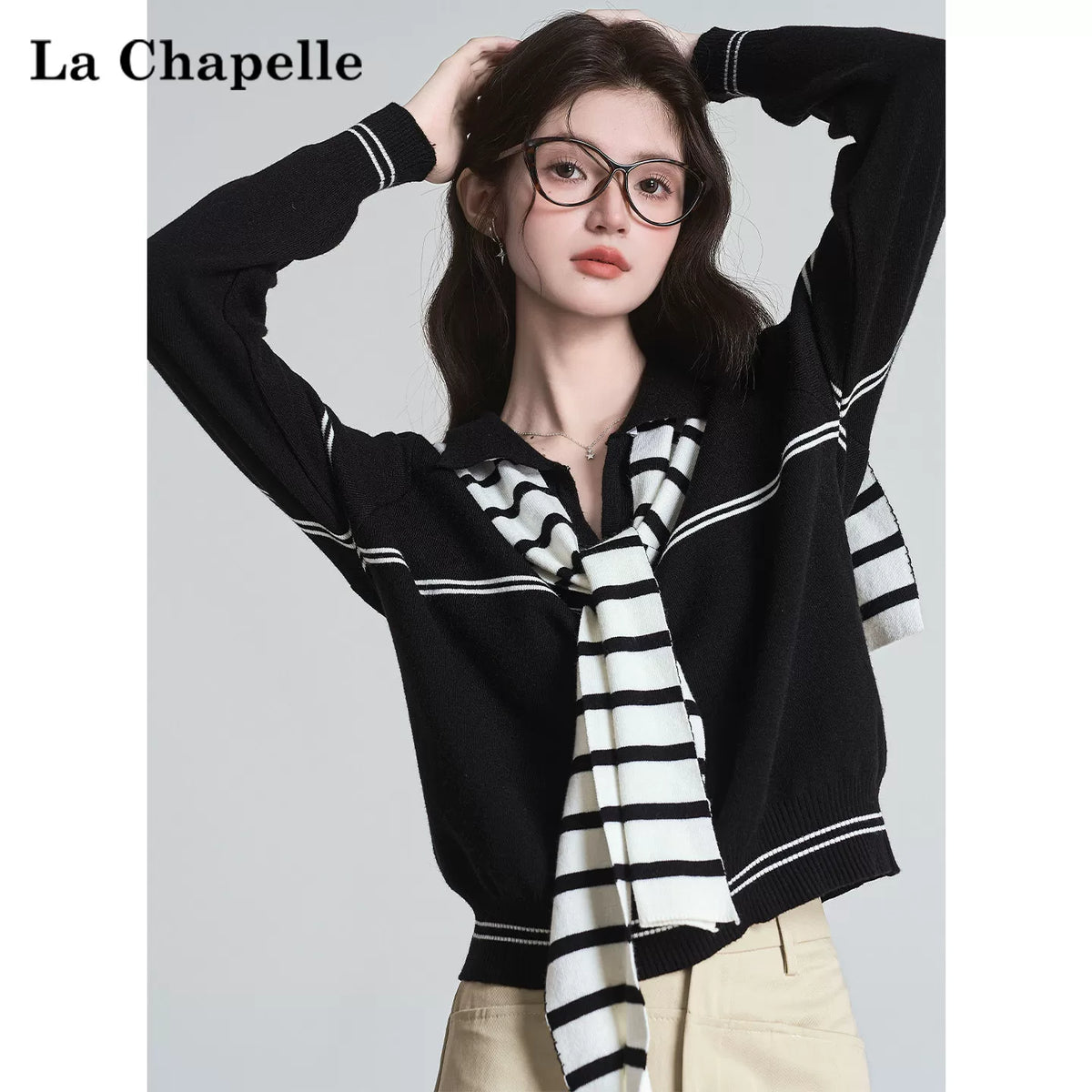 LaCシリーズ｜ストライプ柄ショール付き Vネック ニットトップス｜ブラック・コーヒーブラウン ゆったり 微伸縮 S〜L