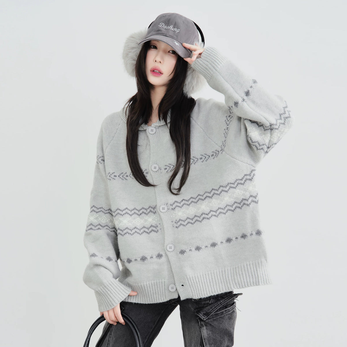 万有引力シリーズ｜フェアアイル柄ニットカーディガン｜レトロ 落ち肩 ゆったり ボタン留め グレー M〜2XL