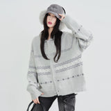 万有引力シリーズ｜フェアアイル柄ニットカーディガン｜レトロ 落ち肩 ゆったり ボタン留め グレー M〜2XL