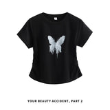 下集シリーズ｜バタフライプリント サイドシャーリング 半袖Tシャツ｜正肩 短め丈 2カラー S〜XL