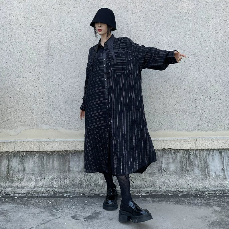 GUYIシリーズ｜ストライプ ロングシャツワンピース｜異素材切り替えの大きな襟 ゆったり ブラック系 フリーサイズ