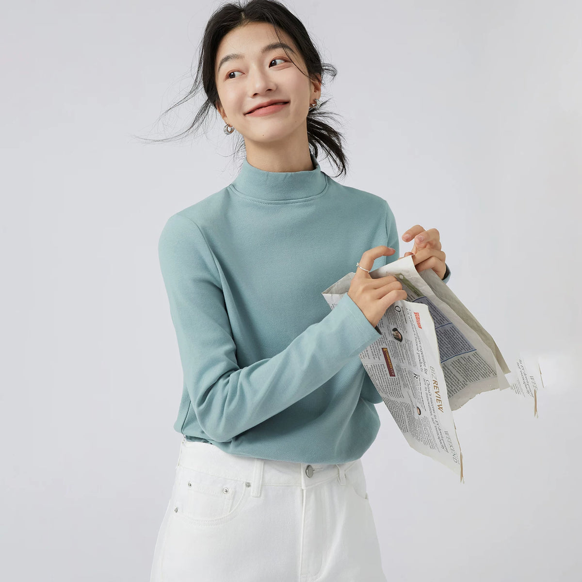 下集シリーズ｜モックネック 長袖Tシャツ｜グレーグリーン 裏起毛 インナーにも レギュラーフィット 6カラー S〜XL