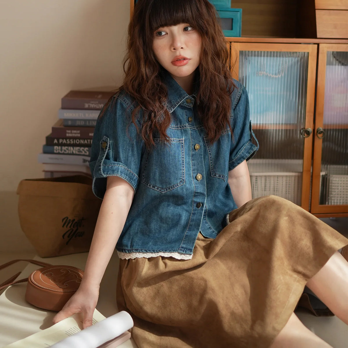 陽光蘿莎シリーズ｜デニム風 半袖シャツ｜レース裾 ショート丈 ゆったり ブルー S〜XL