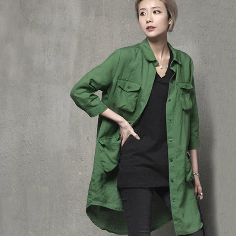 POPOGOシリーズ｜グリーン ロングシャツ｜七分袖 フラップポケット4つ ゆったり ミドル丈 M/L