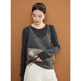 鯨乎シリーズ｜ラメ糸ニットベスト＋ウール長袖Tシャツ セット｜アルパカ混 ゆったり 重ね着 グレー S・M・L