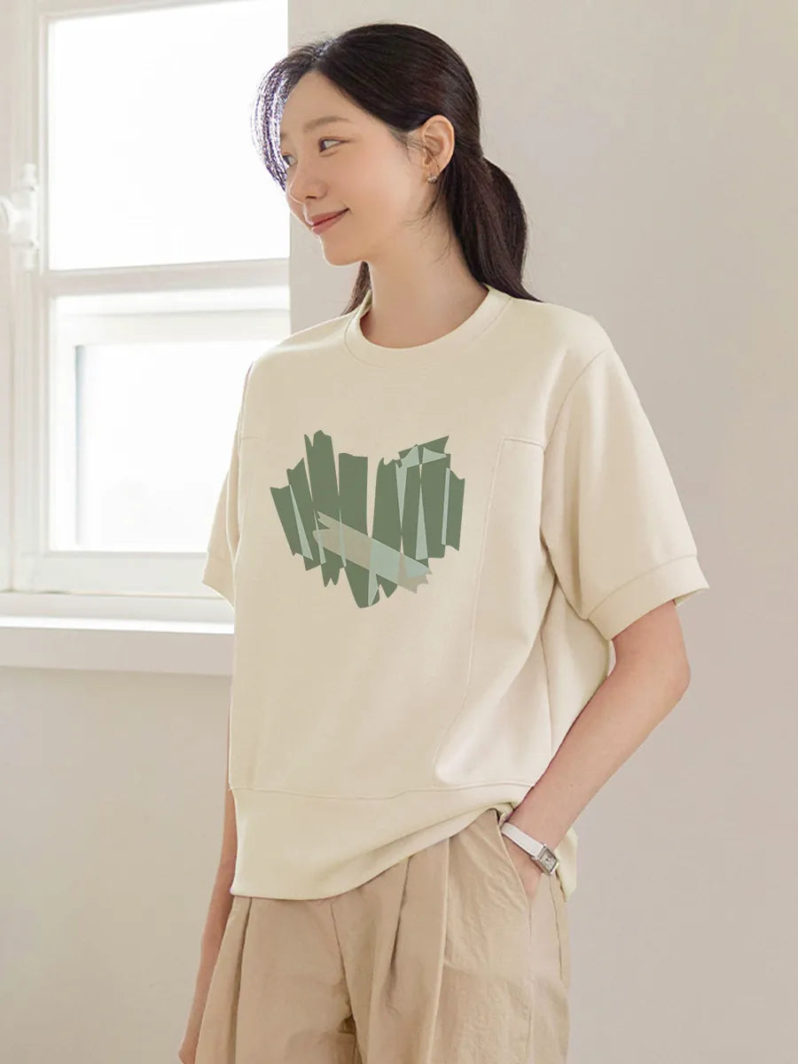 左品シリーズ｜コットン100% クルーネック半袖Tシャツ｜折り返し袖 ゆったり クリーム・ピンク M〜XL
