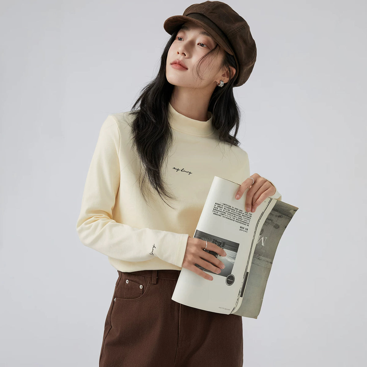 下集シリーズ｜ハイネック 長袖Tシャツ｜裏起毛 インナーにも レギュラーフィット ベージュ他2色 S〜XL
