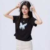 下集シリーズ｜バタフライ他 プリント・無地 半袖Tシャツ｜正肩 スリム 短め丈 17タイプ S〜XL