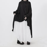 隠覓シリーズ｜黒のアシンメトリーロングシャツ｜不規則な裾 ゆったり 長袖 袖口ギャザー ブラック フリーサイズ