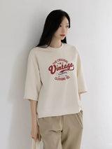 左品シリーズ｜コットン 無地クリーム 中袖Tシャツ 選べるロゴ柄｜ゆったり ドロップショルダー M〜XL