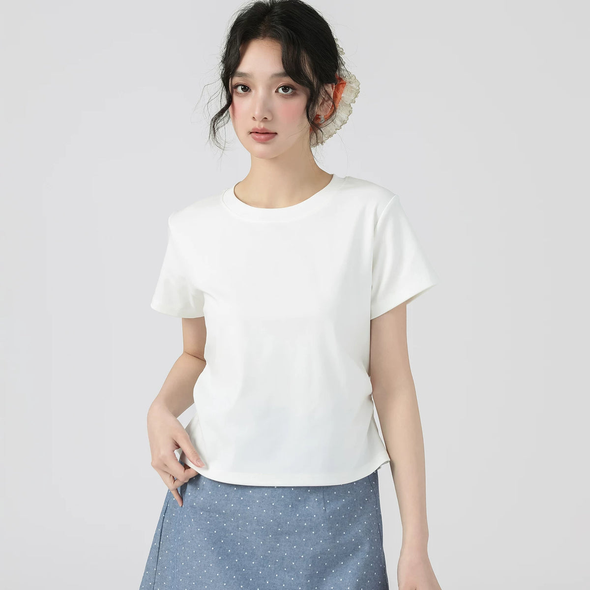 下集シリーズ｜サイドシャーリング 半袖Tシャツ｜リブ編み 短め丈 スリム ホワイト/パープル/ベージュ/ライトグレーブルー S〜XL