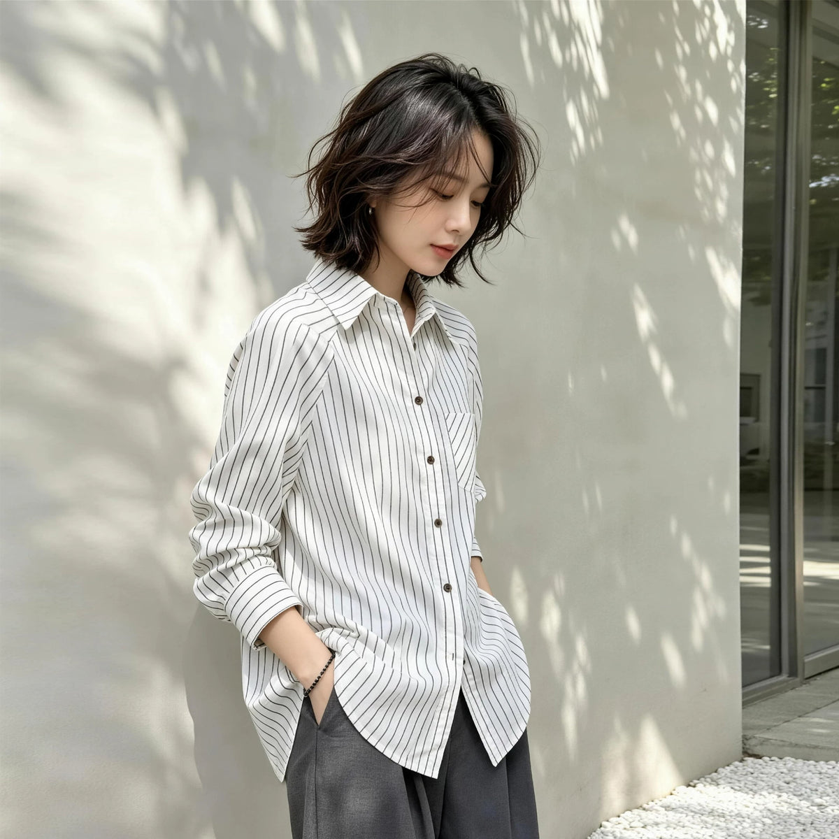 不造作シリーズ｜ストライプ長袖シャツ｜ゆったり ブラック×ホワイト 切り替え S/L/XL