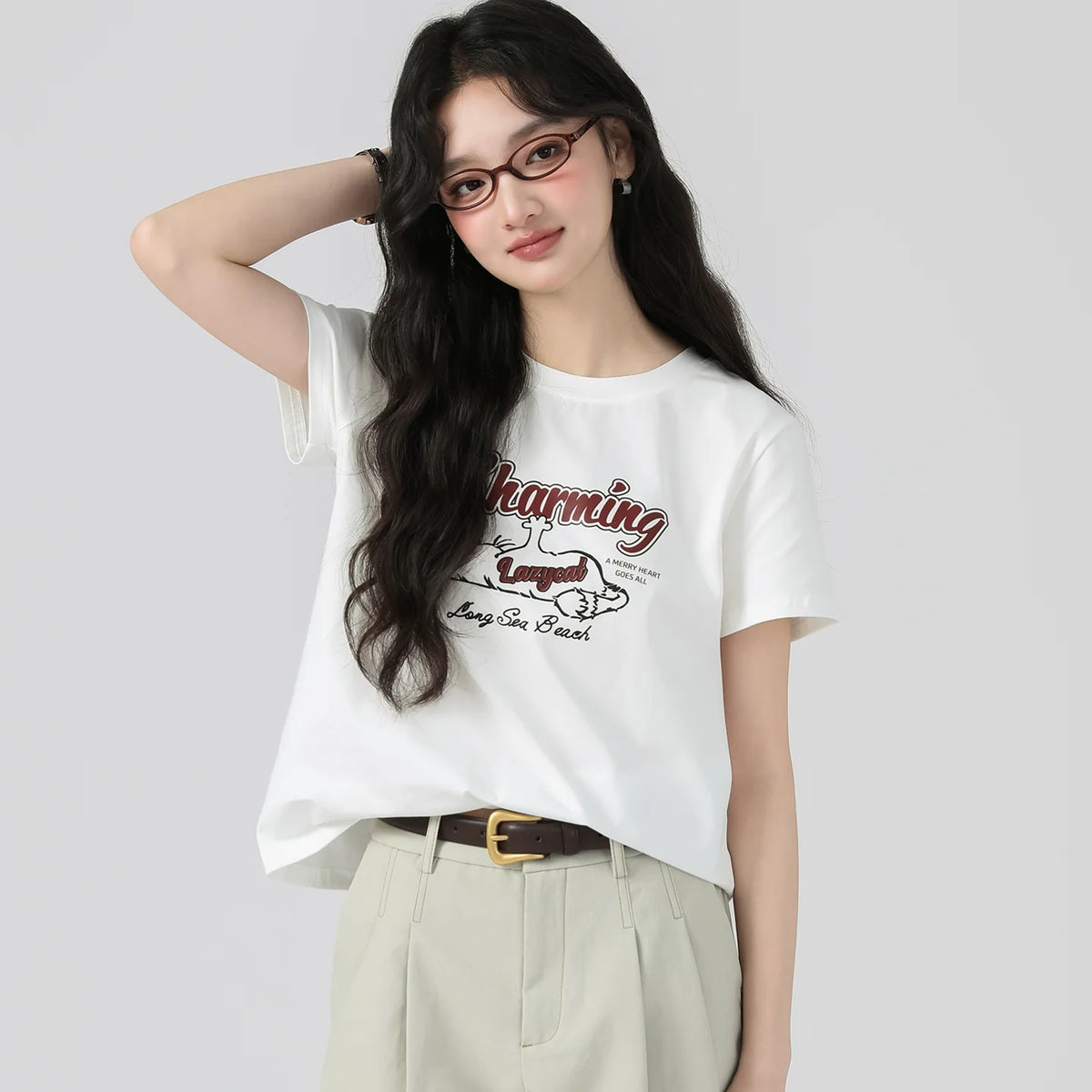 下集シリーズ｜レタリング＆イラストプリント 半袖Tシャツ｜ジャージー綿 ややゆったり ホワイト S〜XL