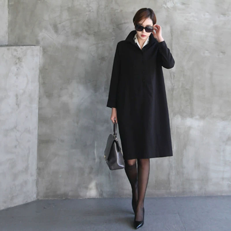 POPOGOシリーズ｜ブラック シャツワンピース｜シャツカラー ゆったり 長袖 ひざ丈 L〜3XL