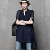 POPOGOシリーズ｜シフォン ロングシャツ｜前短後ろ長 Vネック スタンドカラー 半袖 ネイビー／ホワイト M〜XL